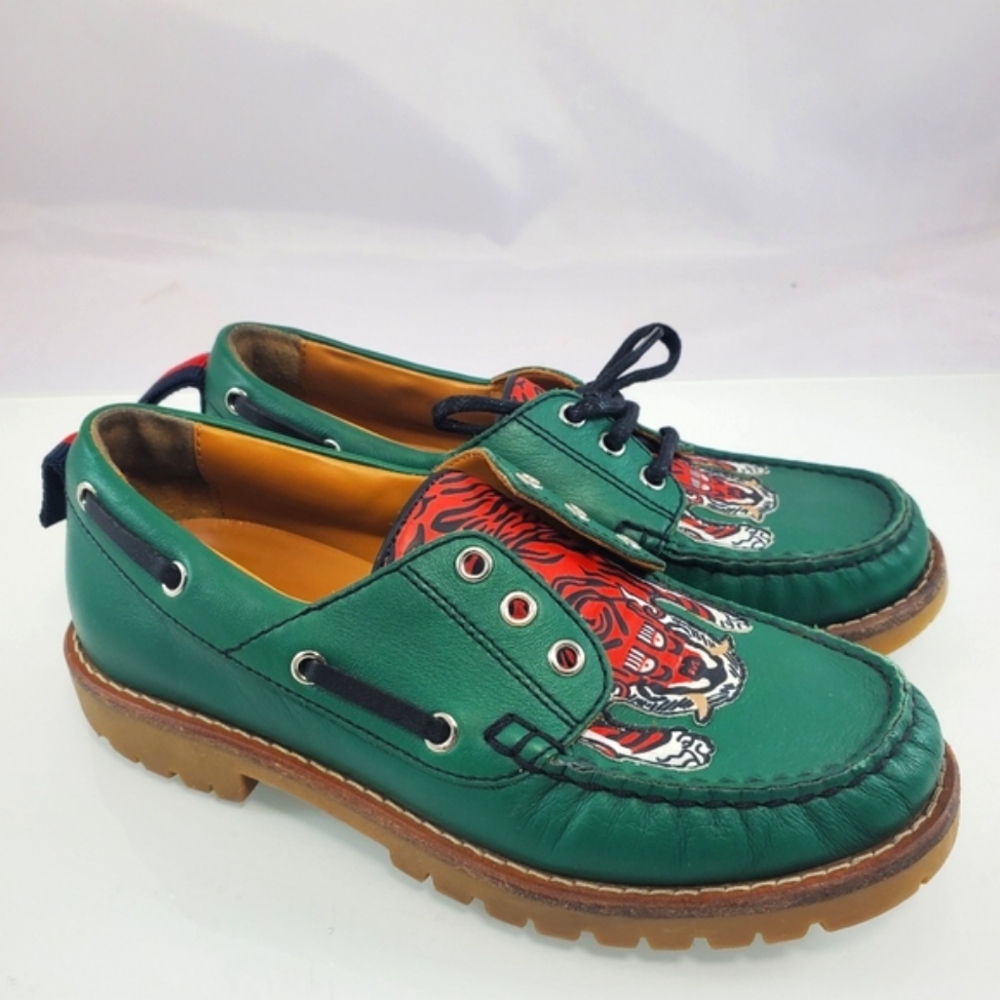 NWT$420 Gucci Boy's Green Leather Loafer w/ Red Animal Print Sz Gucci 30 US 12.5 - Picture 5 of 12